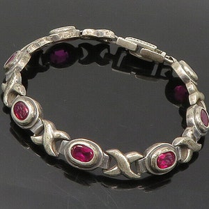 925 Sterling Silver - Vintage Pink Topaz XO Hugs & Kisses Chain Bracelet- BT7982