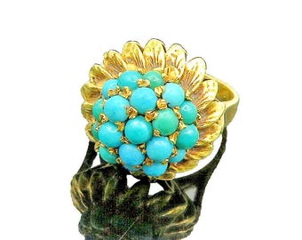 14K GOLD Vintage Antique Turquoise Cluster Cocktail Ring Sz 5 GR037
