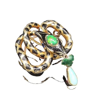 14K GOLD Vintage Unique Enamel & Opal Coiled Snake Eating Brooch Pin GB135