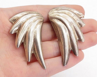 MEXICO 925 Sterling Silver - Vintage Fluted Wing Non Pierce Earrings - EG2697