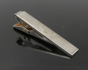 925 Sterling Silver - Vintage Petite Pearl Shiny Star Etched Tie Clip - TR1647