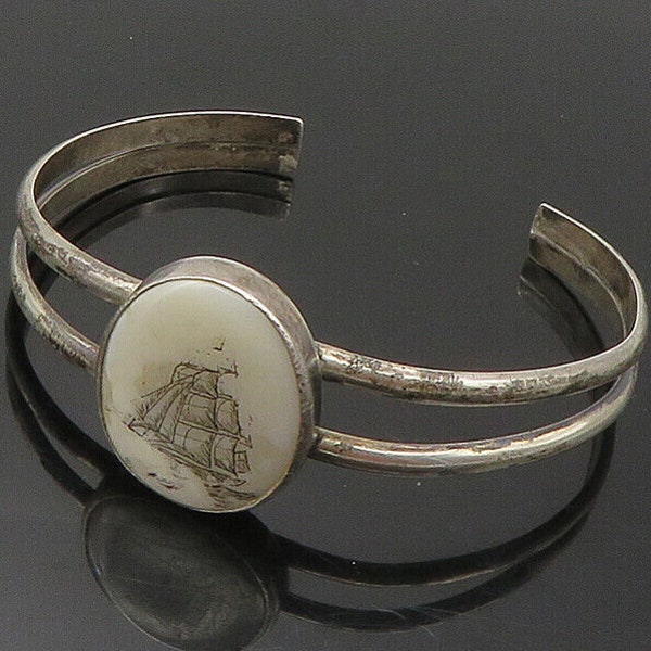 925 Sterling Silver - Vintage Sailing Ship Scrimshaw Cuff Bracelet - BT6798