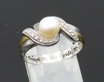 925 Silver - Vintage Genuine Diamonds & Pearl 2 Tone Band Ring Sz 7.5 - RG20567