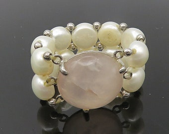 925 Sterling Silver - Cabochon Cut Rose Quartz & Pearls Band Ring Sz 6 - RG11336