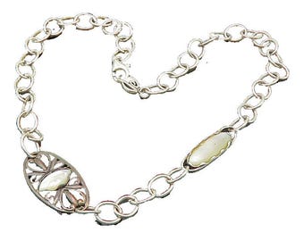 CAROLYN POLLACK 925 Silver Vintage Mother Of Pearl Chain Necklace NE3576