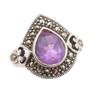 925 Sterling Silver Vintage Ring Diamonds Inlay Love Heart Cut Sz 8 RG33232
