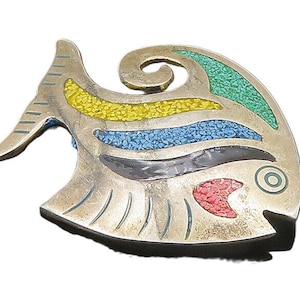 Broche vintage de pez turquesa, coral y esmalte en plata 925 de México BP9254