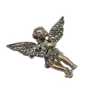 JUDITH JACK 925 Silver Vintage Marcasite Baby Angel Cupid Brooch Pin BP7767