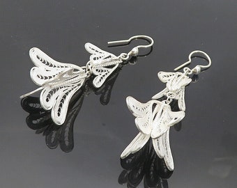 925 Sterling Silver - Shiny Filigree Detail Floral Link Dangle Earrings - EG3428