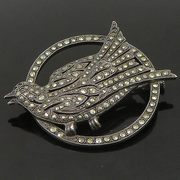 925 Sterling Silver - Vintage Sparkling Marcasite Bird Motif Brooch Pin - BP8823
