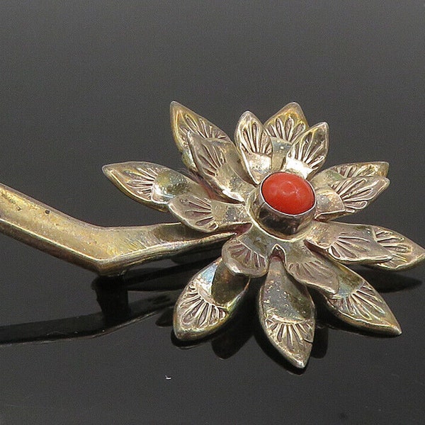 NAVAJO 925 Sterling Silver - Vintage Red Coral Flower Motif Brooch Pin - BP3907