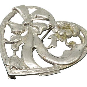 925 Sterling Silver Vintage Floral Ribbon Bow Love Heart Brooch Pin BP4826