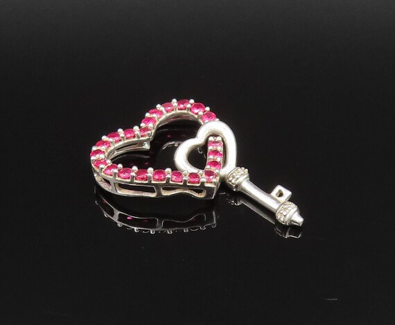925 Silver - Vintage Dainty Ruby Open Heart With … - image 3