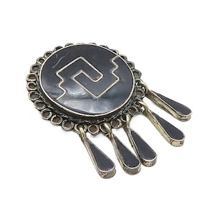 YM MEXICO 925 Sterling Silver Vintage Black Onyx Dangling Brooch Pin BP3402