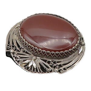 EUROPEAN 925 Sterling Silver Vintage Carnelian Floral Brooch Pin BP8680