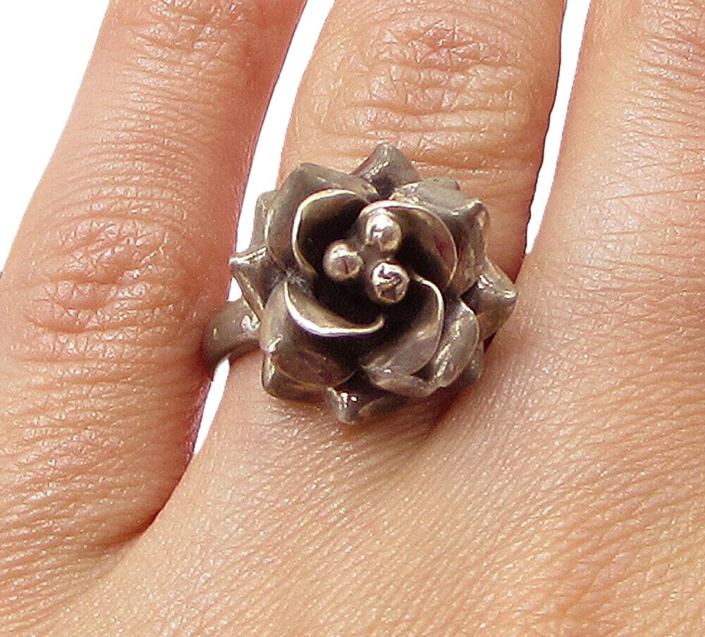 MEXICO 925 Silver Vintage Sculpted Spring Flower Band Ring MEXICO 925 Silver Vintage Sculpted Spring Flower Band Ring