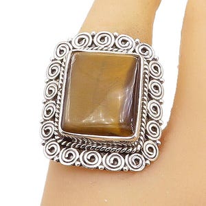 925 Sterling Silver Tiger&#39;s Eye Spiral Border Cocktail Ring Sz 9 RG7878