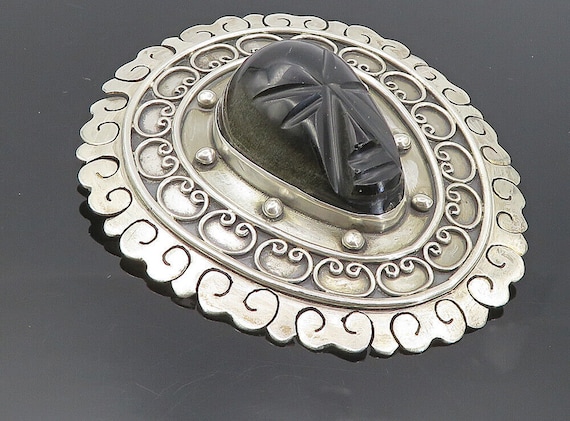 TAXCO MEXICO 925 Silver - Vintage Face Carved Bla… - image 1