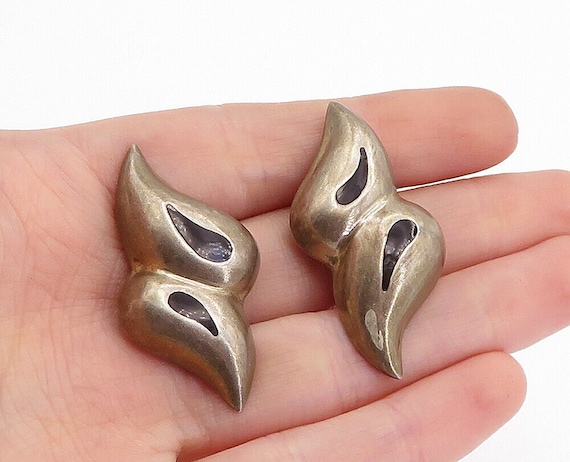 MEXICO 925 Sterling Silver Vintage Inlaid Black Onyx Drop Earrings