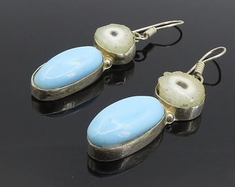 925 Sterling Silver - Vintage Cabochon Cut Agate Slice Drop Earrings - EG4384