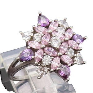 925 Sterling Silver Vintage Multi Color CZ Petal Flower Ring Sz 10.5 RG27224
