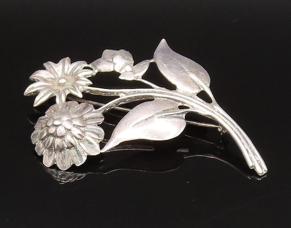 925 Silver - Vintage Antique Carved Flowers With … - image 1