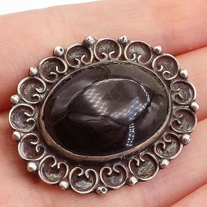 MEXICO 925 Sterling Silver Vintage Cabochon Cut Black Onyx Brooch Pin BP1684