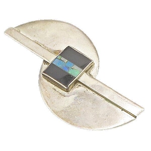 GFMW 925 Sterling Silver Vintage Fire Opal & Black Onyx Brooch Pin BP8497