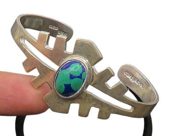 MEXICO 925 Silver Vintage Cabochon Cut Azurite Abstract Cuff Bracelet BT9369