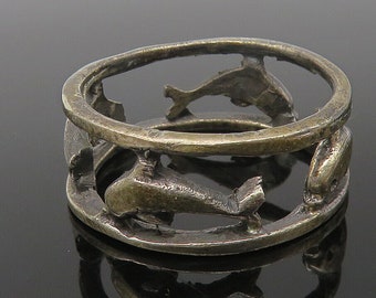 925 Sterling Silver - Vintage Oxidized Dolphins Open Band Ring Sz 9.5 - RG10792