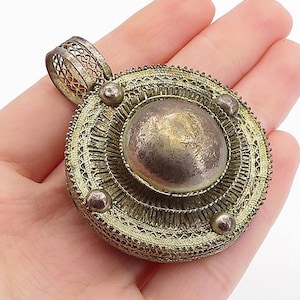 925 Sterling Silver Vintage Antique Filigree Detail Round Dome Pendant PT4259