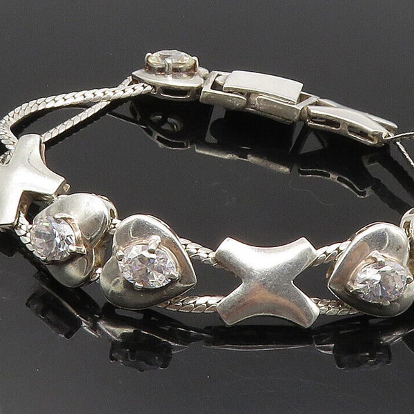 925 Sterling Silver - Cubic Zirconia Shiny Love Heart XO Chain Bracelet - BT4168