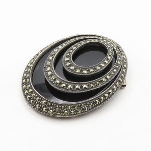 925 Sterling Silver Vintage Black Onyx & Marcasite Oval Brooch Pin BP6293