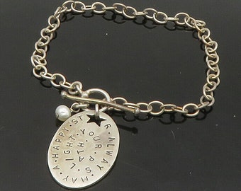 925 Sterling Silver - Vintage Petite Pearl Star Quote Chain Bracelet - BT8978