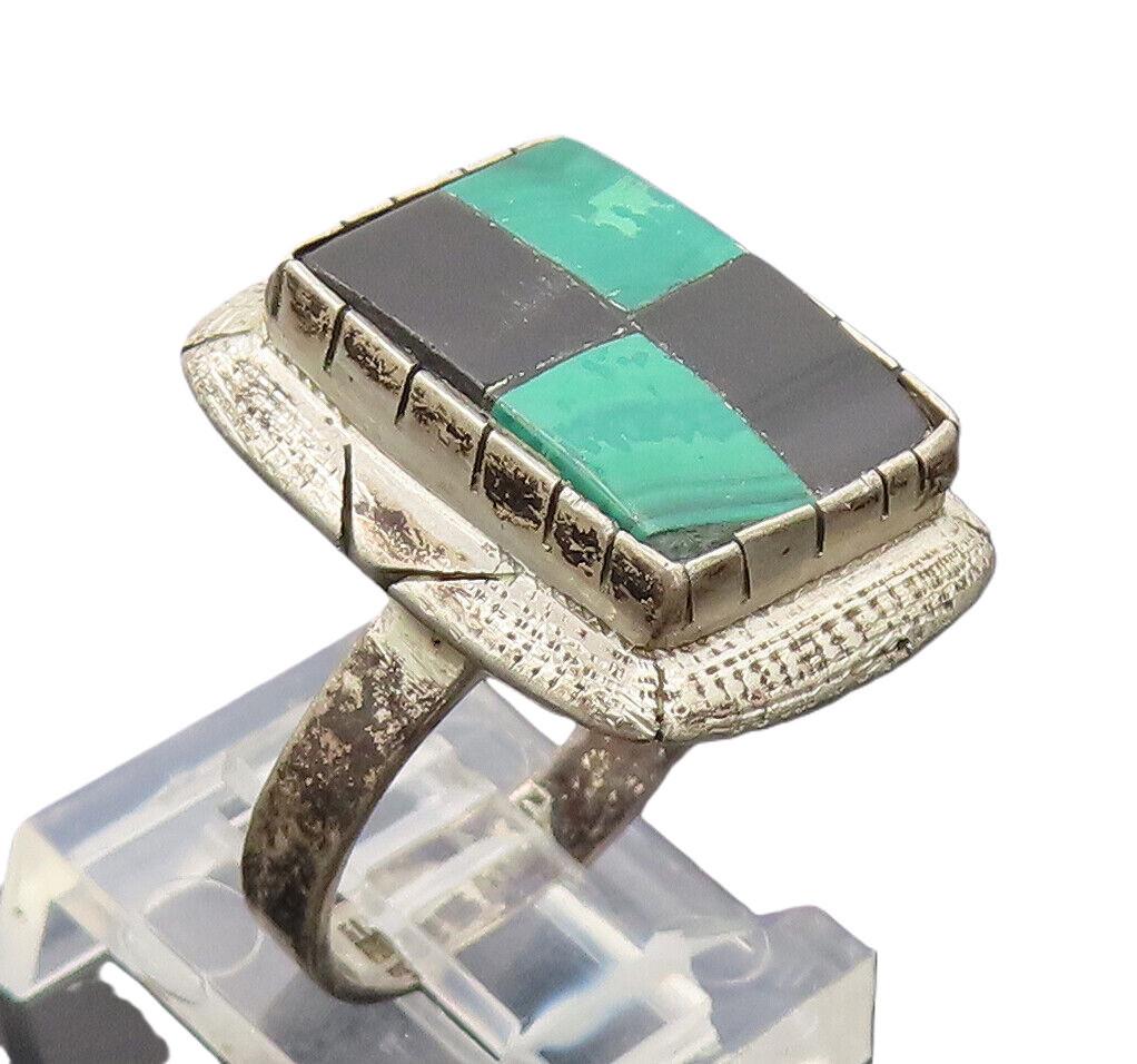 925 Silver Vintage Onyx & Lapis Lazuli Grid box Rectangle Ring Sz 6 RG27090