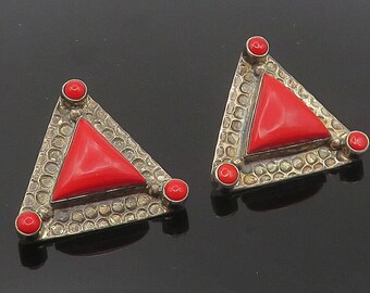 INDIA 925 Sterling Silver - Vintage Red Coral Triangle Drop Earrings - EG6129