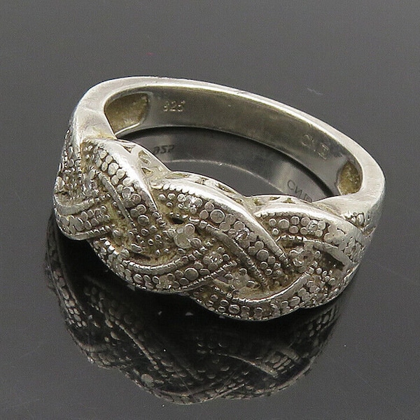 925 Sterling Silver - Vintage Genuine Diamonds Weaved Band Ring Sz 7 - RG17976