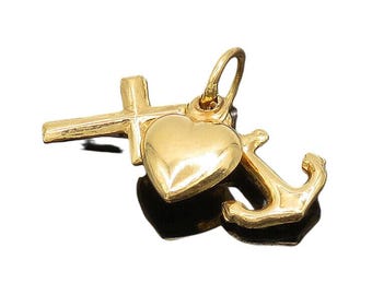 18K GOLD Vintage Shiny Petite Love Heart Ship Anchor & Cross Pendant GP011