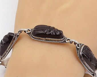 925 Sterling Silber - Vintage Gesicht geschnitzt schwarzer Onyx Kettenarmband - BT2340