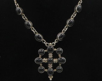 925 Sterling Silver - Vintage Cabochon Black Onyx Wheat Chain Necklace - NE3099