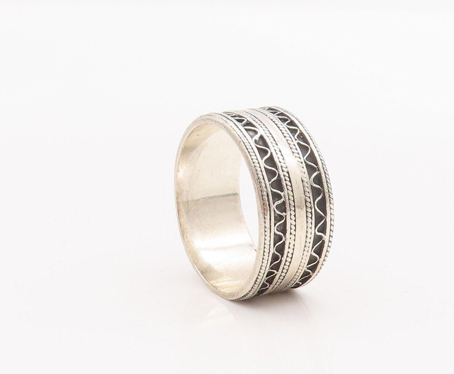 第一ネット 925 Sterling Bands Waves Carved Designer Ring Vintage Silver アクセサリー