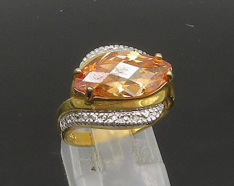 925 sterling zilver - vintage citrien en echte diamanten bandring maat 6 - RG21717