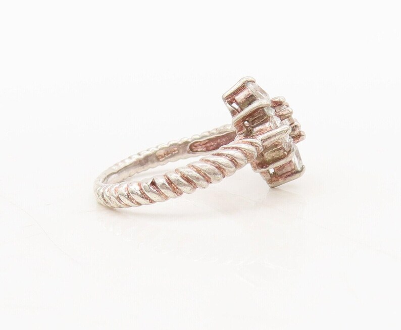 925 Sterling Silver Vintage Twisted Rope CZ Beaded Floral Ring Sz 4