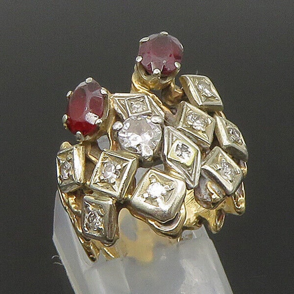 14K GOLD - Vintage 1/2 Ct Genuine Diamonds & Garnet Brutalist Ring Sz 5.5- GR373