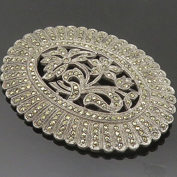 925 Sterling Silver - Vintage Shiny Marcasite Flowers Oval Brooch Pin - BP6837