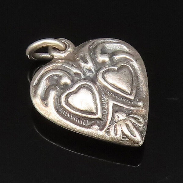 925 Sterling Silver - Vintage Antique Carved Love Hearts Charm Pendant - PT21272