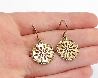 925 Sterling Silver - Vintage Gold Plated Floral Cutout Dangle Earrings - EG2281