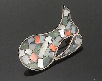 ISRAEL 925 Sterling Silver - Vintage Mother Of Pearl Mosaic Brooch Pin - BP7020