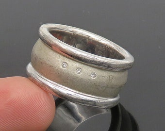 925 Sterling Silver - Vintage Genuine Diamonds Smooth Band Ring Sz 8 - RG23349