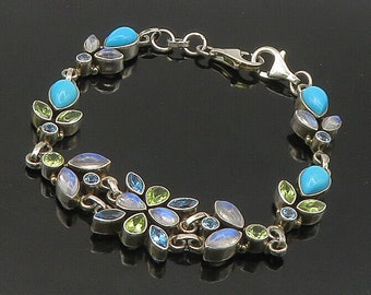 NICKY BUTLER 925 Silver - Vintage Turquoise & Multi-Stone Chain Bracelet- BT8749